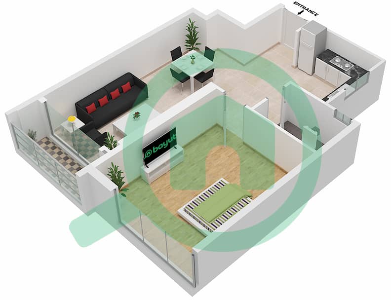 阿治曼时钟大厦 - 1 卧室公寓单位08 FLOOR 1-12 SOUTH戶型图 Floor 1-12 interactive3D