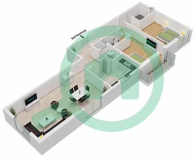 المخططات الطابقية لتصميم الوحدة 01 FLOOR 1-12 SOUTH شقة 2 غرفة نوم - برج الساعة عجمان