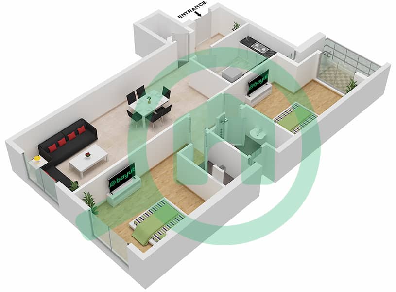 阿治曼时钟大厦 - 2 卧室公寓单位10 FLOOR 1-12 SOUTH戶型图 Floor 1-12 interactive3D