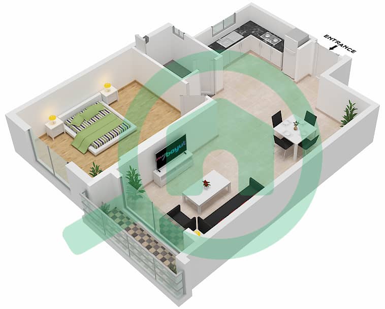 Ajman Clock Tower - 1 Bedroom Apartment Unit 02 FLOOR 13-24 SOUTH Floor plan Floor 13-24 interactive3D