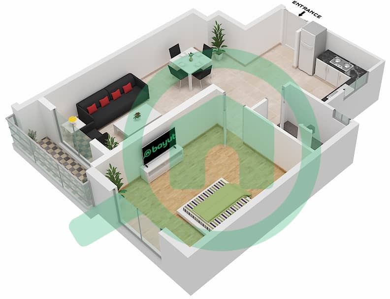 Ajman Clock Tower - 1 Bedroom Apartment Unit 03 FLOOR 13-24 SOUTH Floor plan Floor 13-24 interactive3D