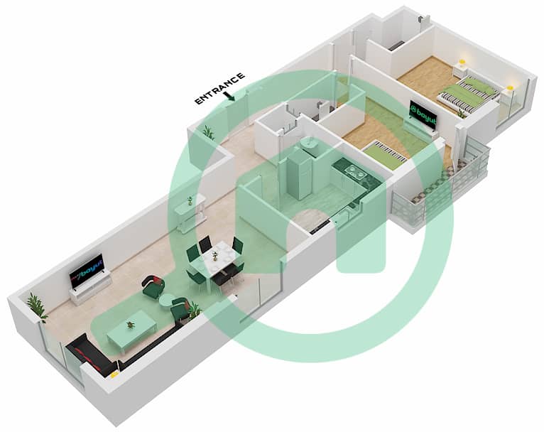المخططات الطابقية لتصميم الوحدة 01 FLOOR 13-24 SOUTH شقة 2 غرفة نوم - برج الساعة عجمان Floor 13-24 interactive3D