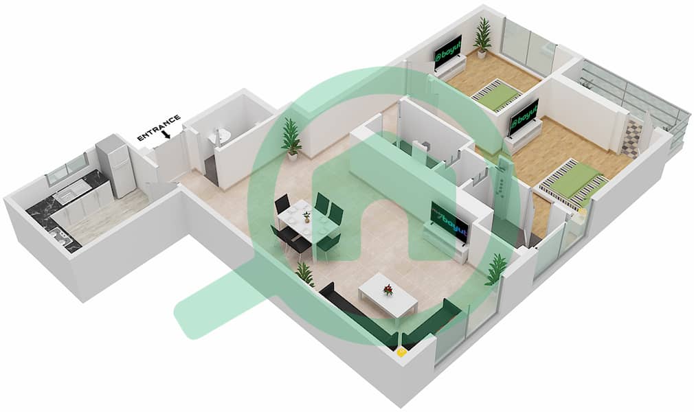 المخططات الطابقية لتصميم الوحدة 04 FLOOR 13-24 SOUTH شقة 2 غرفة نوم - برج الساعة عجمان Floor 13-24 interactive3D