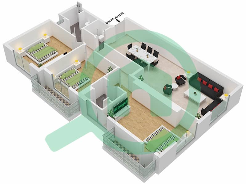 المخططات الطابقية لتصميم الوحدة 07 FLOOR 13-24 SOUTH شقة 3 غرف نوم - برج الساعة عجمان Floor 13-24 interactive3D