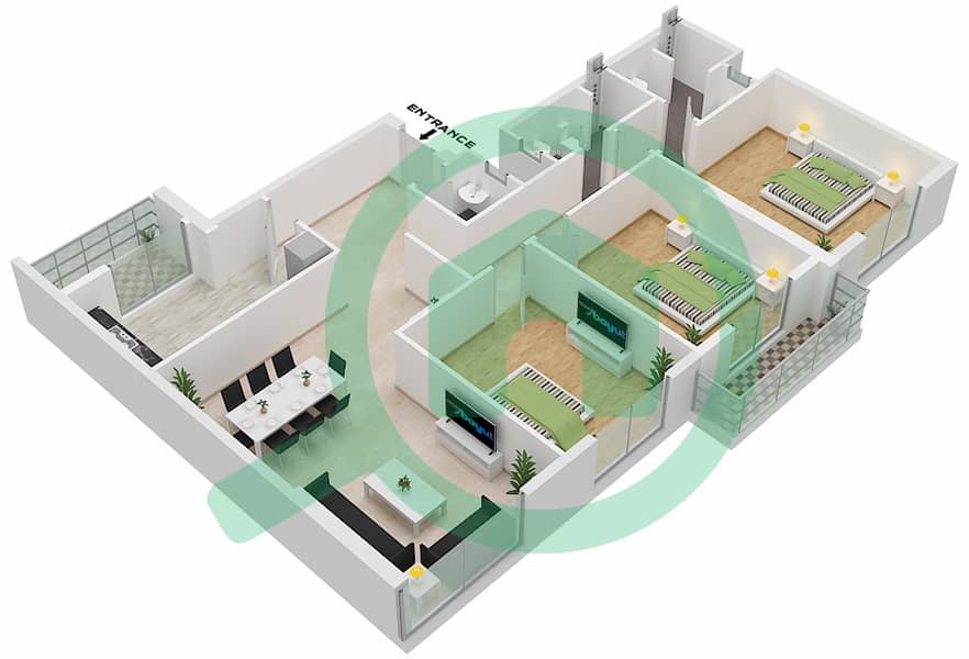 المخططات الطابقية لتصميم الوحدة 08 FLOOR 3-24 SOUTH شقة 3 غرف نوم - برج الساعة عجمان Floor 3-24 interactive3D