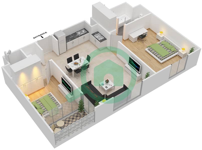 Бриджес - Апартамент 2 Cпальни планировка Тип A interactive3D