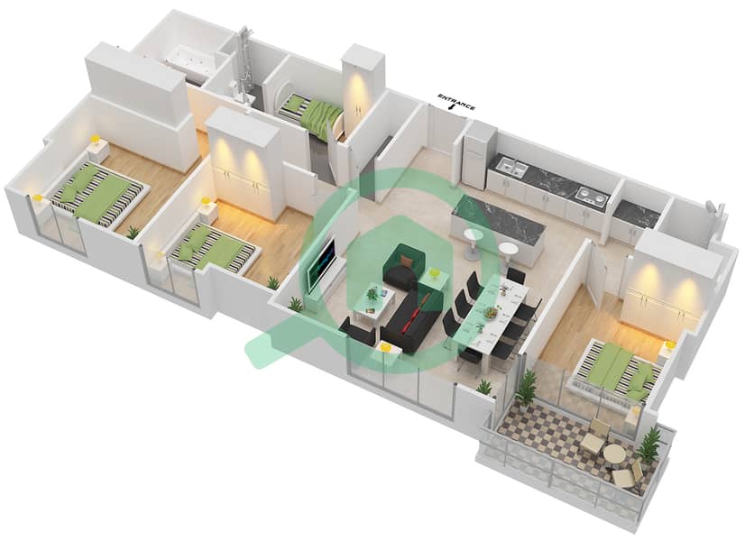 The Bridges - 3 Bedroom Apartment Type A Floor plan interactive3D