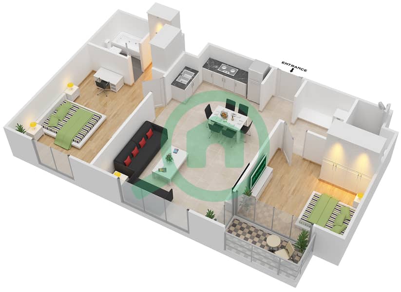 المخططات الطابقية لتصميم النموذج C شقة 2 غرفة نوم - ذا بردجز interactive3D