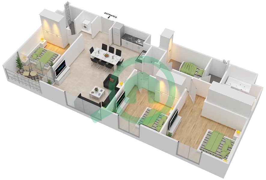 The Bridges - 3 Bedroom Apartment Type B Floor plan interactive3D