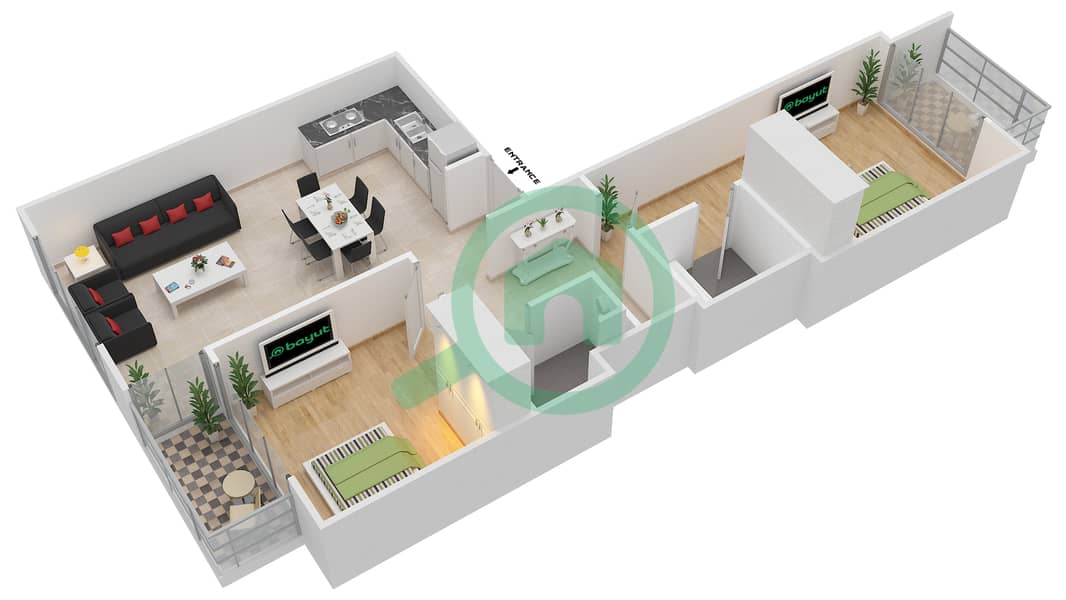 大桥综合住宅 - 2 卧室公寓类型B戶型图 interactive3D