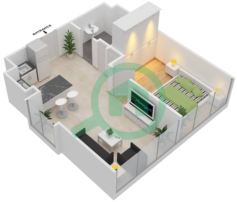 Azizi Victoria - 1 Bedroom Apartment Type 2 Floor plan interactive3D