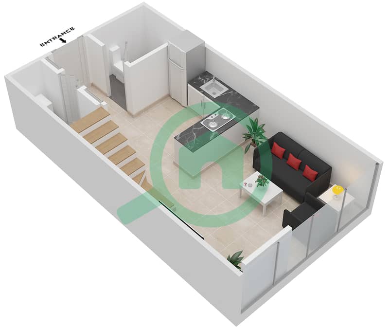 المخططات الطابقية لتصميم النموذج 3A شقة 1 غرفة نوم - عزيزي فيكتوريا Lower Floor interactive3D