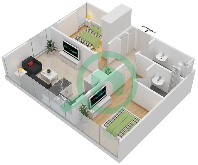 المخططات الطابقية لتصميم النموذج 1 شقة 2 غرفة نوم - عزيزي فيكتوريا interactive3D