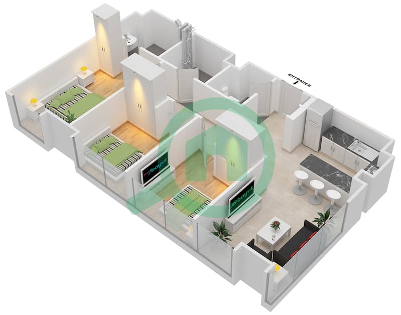 المخططات الطابقية لتصميم النموذج 1 شقة 3 غرف نوم - عزيزي فيكتوريا interactive3D