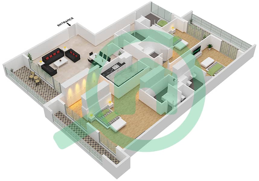 Al Zeina Building F - 3 Bedroom Apartment Type A19-FLOOR G,13 Floor plan Floor G,13 interactive3D