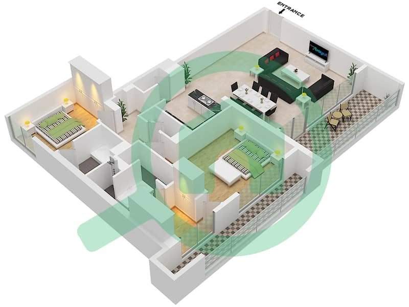المخططات الطابقية لتصميم النموذج A20-FLOOR G,13 شقة 2 غرفة نوم - الزينة F Floor G,13 interactive3D