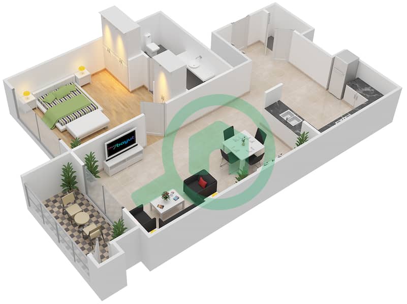 المخططات الطابقية لتصميم الوحدة 5,6 شقة 1 غرفة نوم - مارينا بلو تاور interactive3D