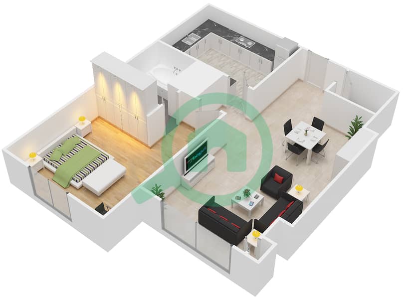 المخططات الطابقية لتصميم الوحدة 2,3,8,9 شقة 1 غرفة نوم - مارينا بلو تاور interactive3D