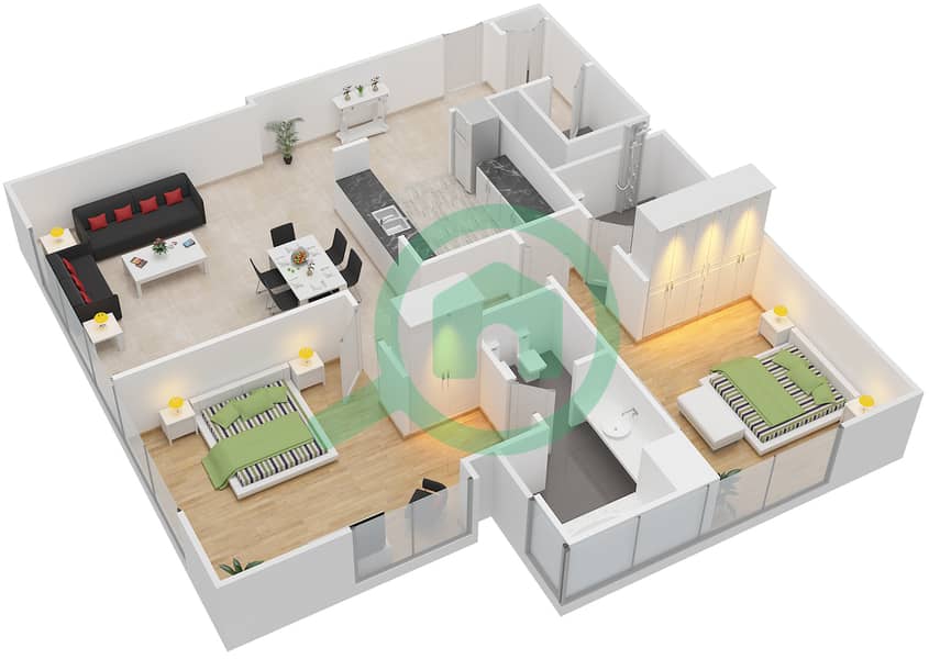 المخططات الطابقية لتصميم الوحدة 4,7 شقة 2 غرفة نوم - مارينا بلو تاور interactive3D