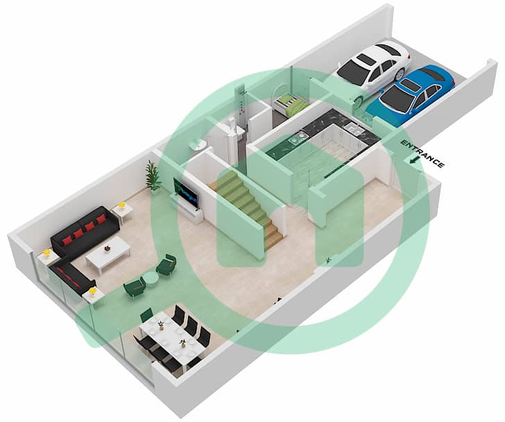 المخططات الطابقية لتصميم الوحدة 3 تاون هاوس 3 غرف نوم - الفرجان غرب Ground Floor interactive3D