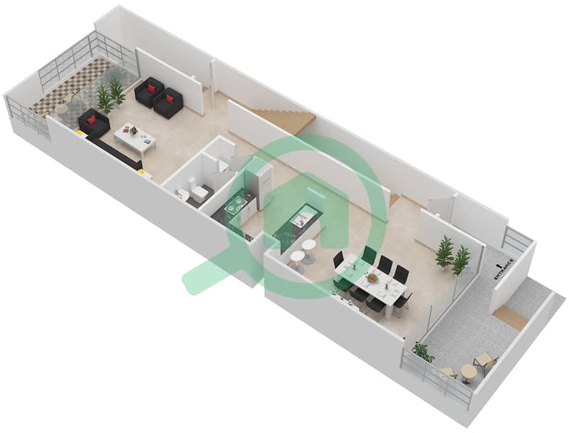 阿尔慕内拉内陆联排别墅 - 3 卧室联排别墅类型3A戶型图 Ground Floor interactive3D