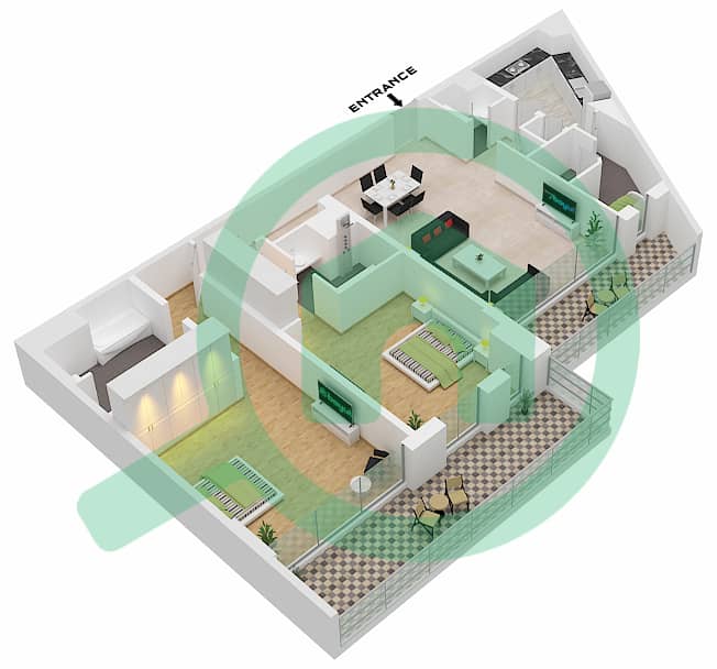 Мамша Аль Саадият - Апартамент 2 Cпальни планировка Тип 2BR-G interactive3D