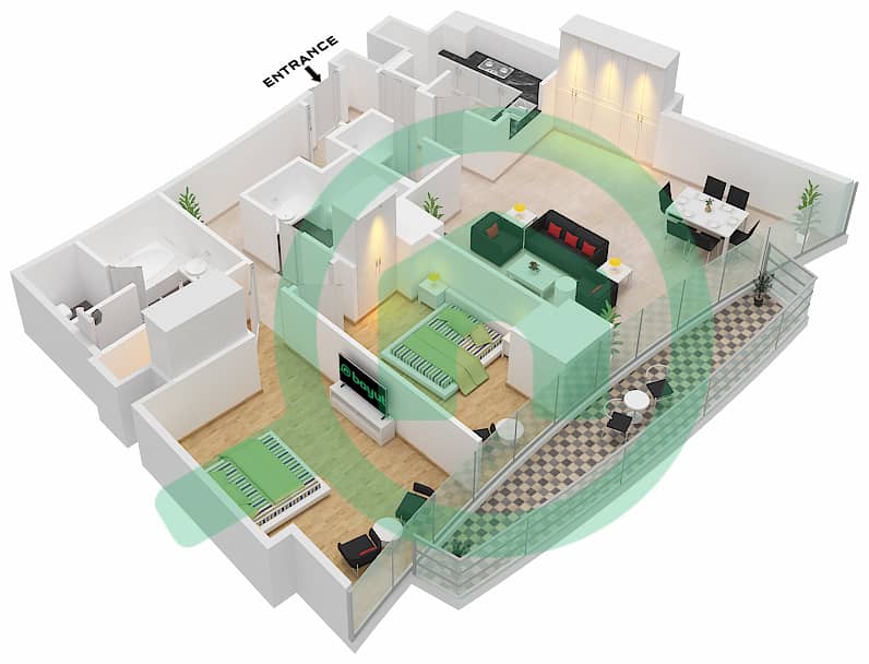 المخططات الطابقية لتصميم الوحدة 2605 شقة 2 غرفة نوم - العنوان ريزدينسز سكاي فيو 2 interactive3D