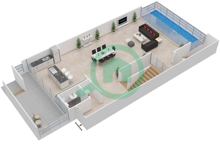 المخططات الطابقية لتصميم النموذج 4A تاون هاوس 4 غرف نوم - المنيرة تاون هاوس Ground Floor interactive3D