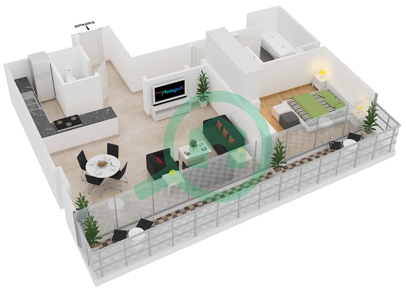 Резиденция Аль Насим А - Апартамент 1 Спальня планировка Единица измерения 205 Second Floor interactive3D