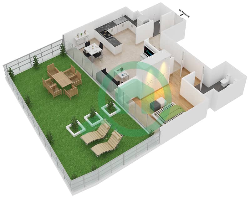Al Naseem Residence A - 1 Bedroom Apartment Unit 11 Floor plan Ground Floor interactive3D