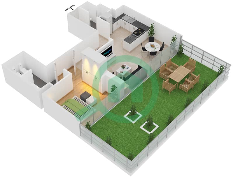 Al Naseem Residence A - 1 Bedroom Apartment Unit 2 Floor plan 889ae26281bd404e9c19f825d0b70241 interactive3D