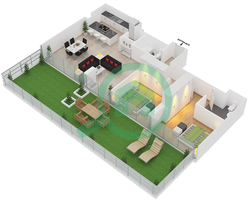 المخططات الطابقية لتصميم الوحدة 5 شقة 2 غرفة نوم - مساكن النسيم A Ground Floor interactive3D