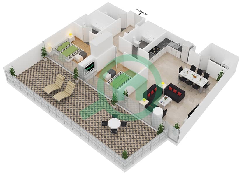Резиденция Аль Насим А - Апартамент 2 Cпальни планировка Единица измерения 1 Ground Floor interactive3D