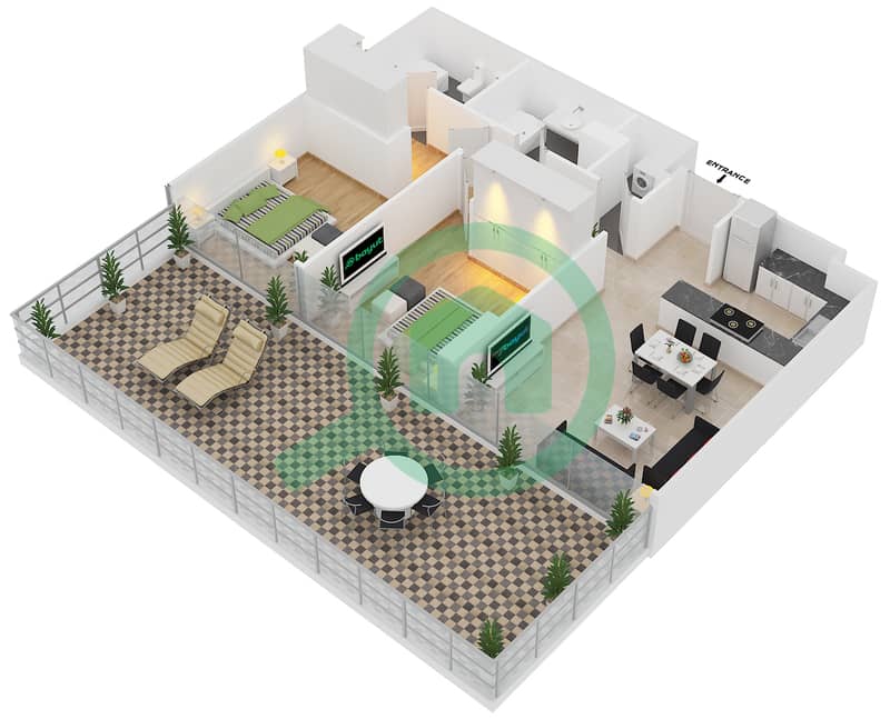 المخططات الطابقية لتصميم الوحدة 3 شقة 2 غرفة نوم - مساكن النسيم A Ground Floor interactive3D
