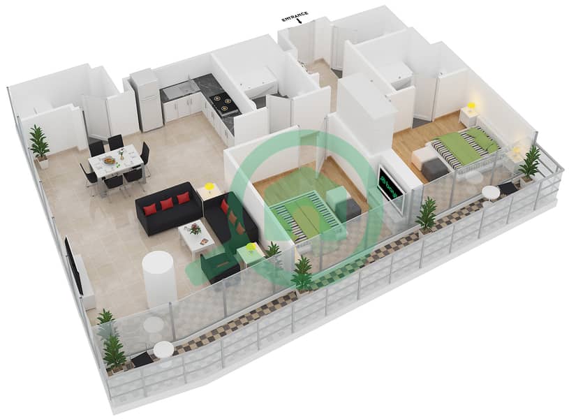 المخططات الطابقية لتصميم الوحدة 512 شقة 2 غرفة نوم - مساكن النسيم A interactive3D