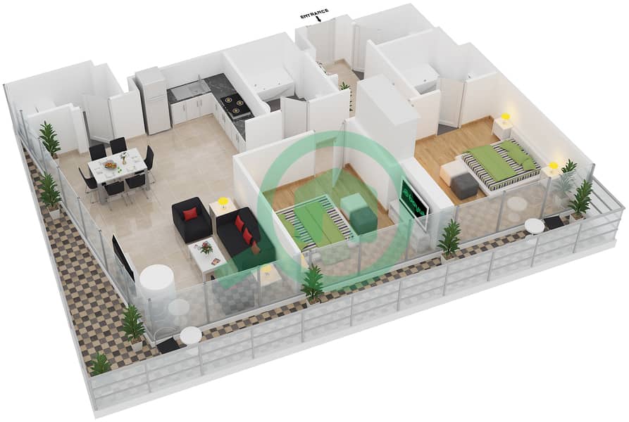المخططات الطابقية لتصميم الوحدة 610 شقة 2 غرفة نوم - مساكن النسيم A Floor 6 interactive3D