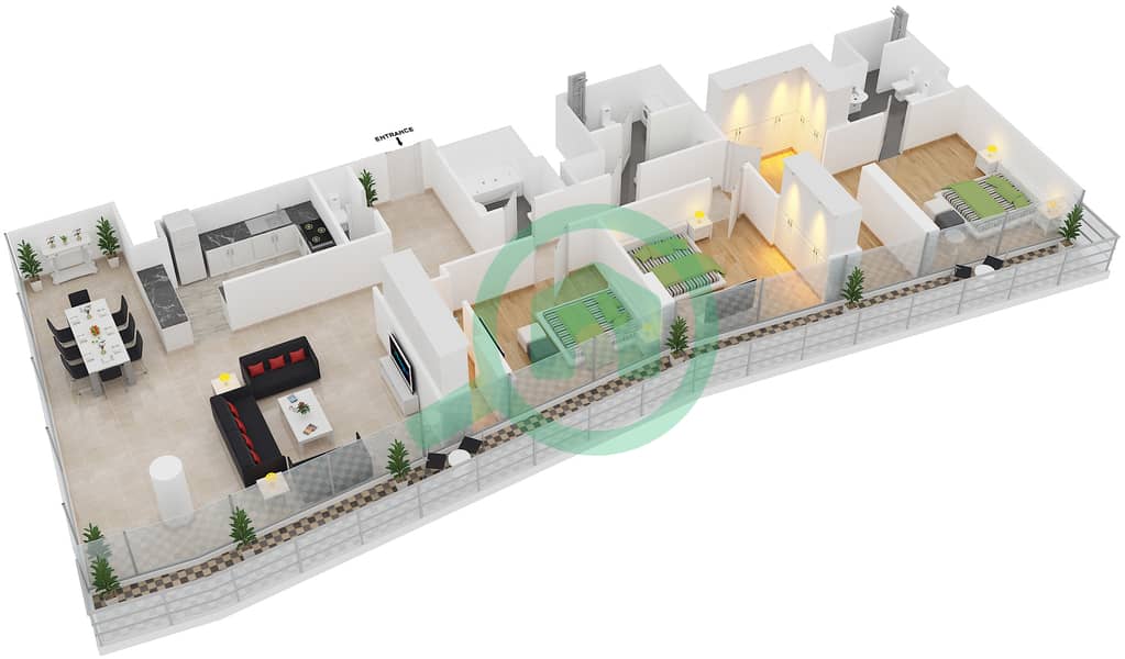 Резиденция Аль Насим А - Апартамент 3 Cпальни планировка Единица измерения 904 Floor 9 interactive3D