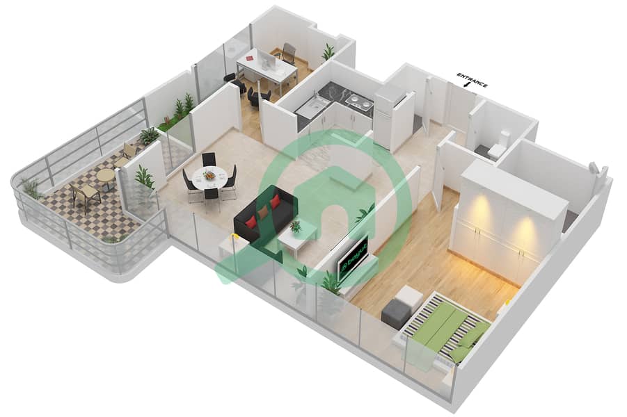 المخططات الطابقية لتصميم النموذج A شقة 1 غرفة نوم - جيميني سبليندور interactive3D