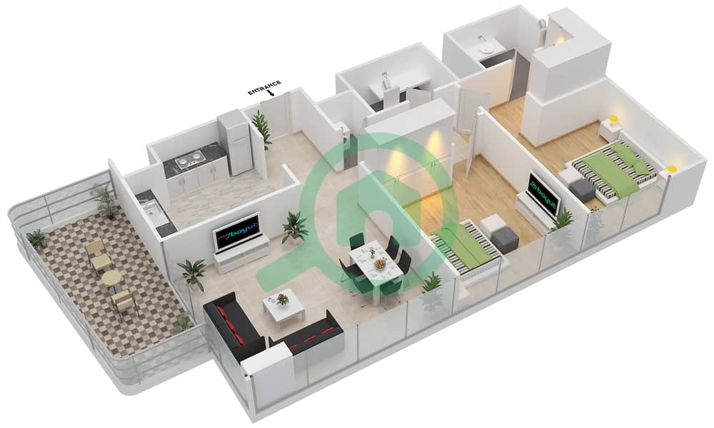 المخططات الطابقية لتصميم النموذج E شقة 2 غرفة نوم - جيميني سبليندور interactive3D
