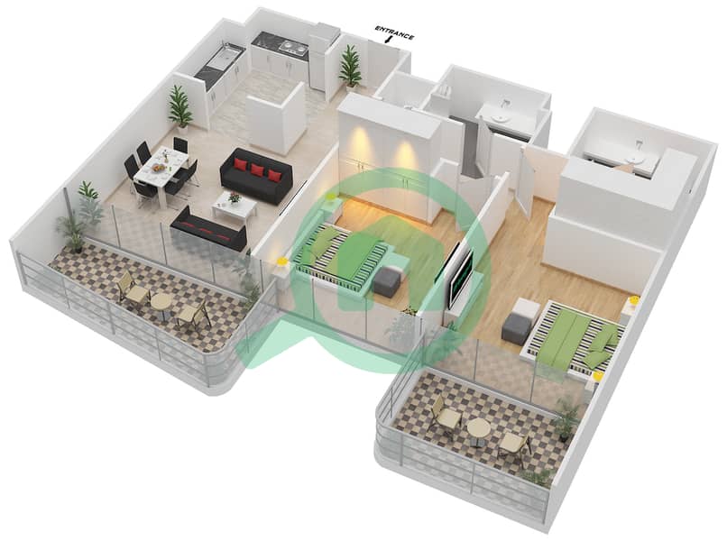 المخططات الطابقية لتصميم النموذج D شقة 2 غرفة نوم - جيميني سبليندور interactive3D