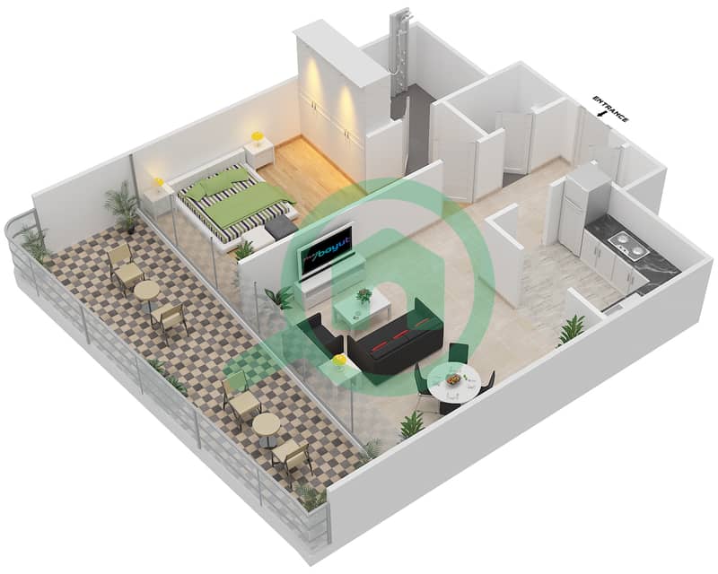 المخططات الطابقية لتصميم النموذج B شقة 1 غرفة نوم - جيميني سبليندور interactive3D
