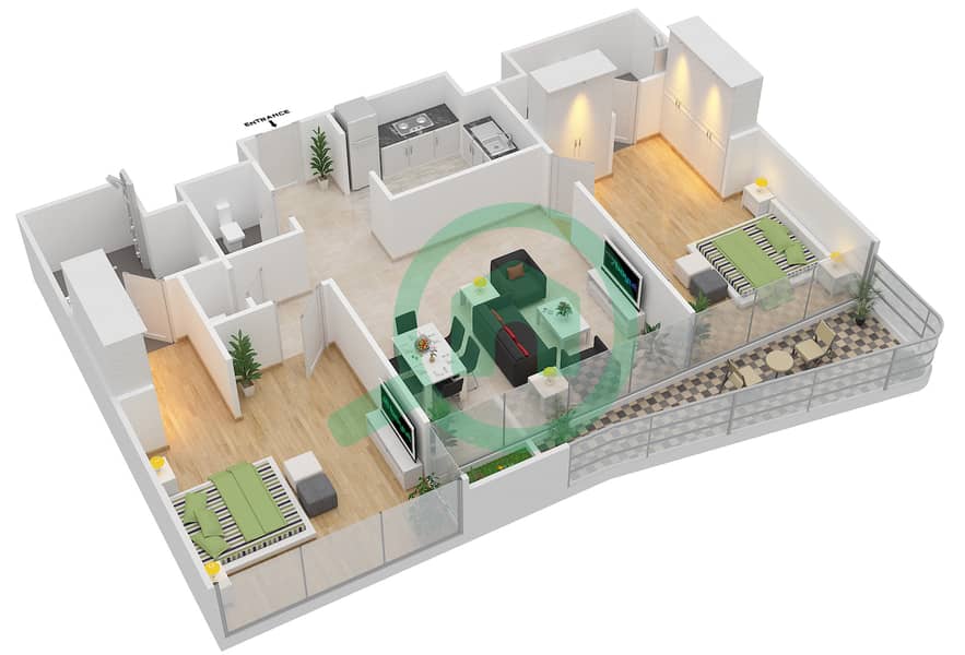 المخططات الطابقية لتصميم النموذج A شقة 2 غرفة نوم - جيميني سبليندور interactive3D