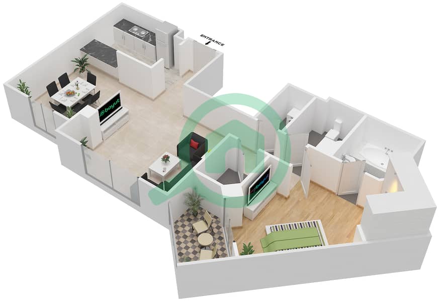 المخططات الطابقية لتصميم النموذج 1 شقة 1 غرفة نوم - غروب مردف interactive3D