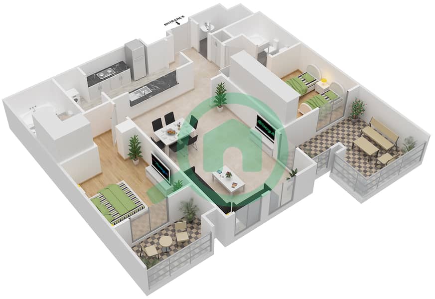 Ghoroob Mirdif - 2 Bedroom Apartment Type 2 Floor plan interactive3D