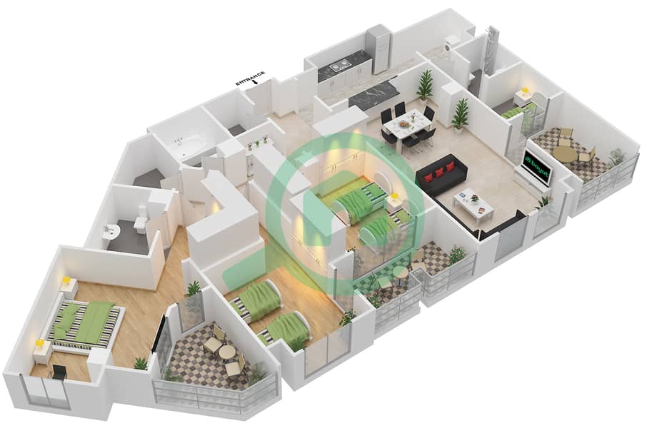 米尔迪夫古鲁伯小区 - 3 卧室公寓类型3戶型图 interactive3D