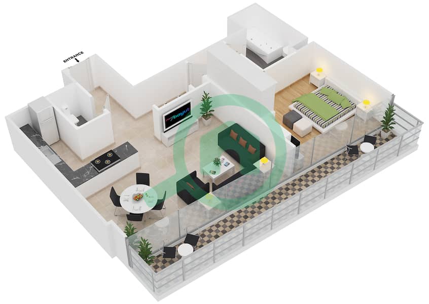 Al Naseem Residence C - 1 Bedroom Apartment Type 505 Floor plan Floor 5 interactive3D