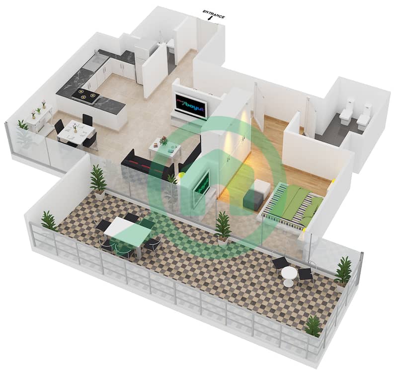 المخططات الطابقية لتصميم النموذج 01 شقة 1 غرفة نوم - مساكن النسيم C Podium Floor interactive3D