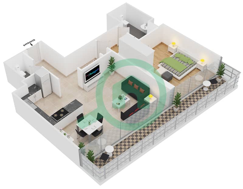 Al Naseem Residence C - 1 Bedroom Apartment Type 511 Floor plan Floor 5 interactive3D