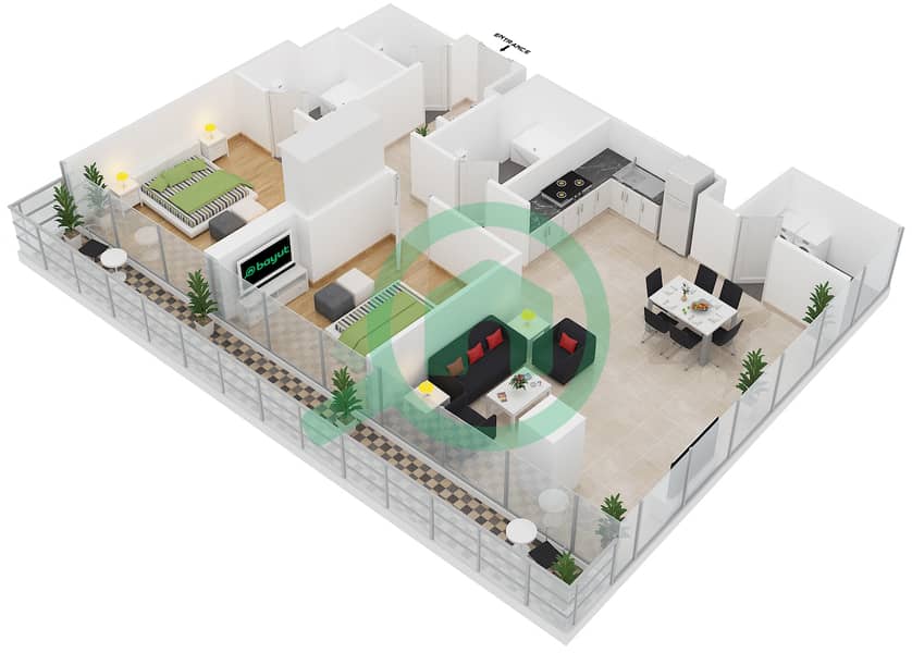 المخططات الطابقية لتصميم النموذج 801 شقة 2 غرفة نوم - مساكن النسيم C Floor 8 interactive3D