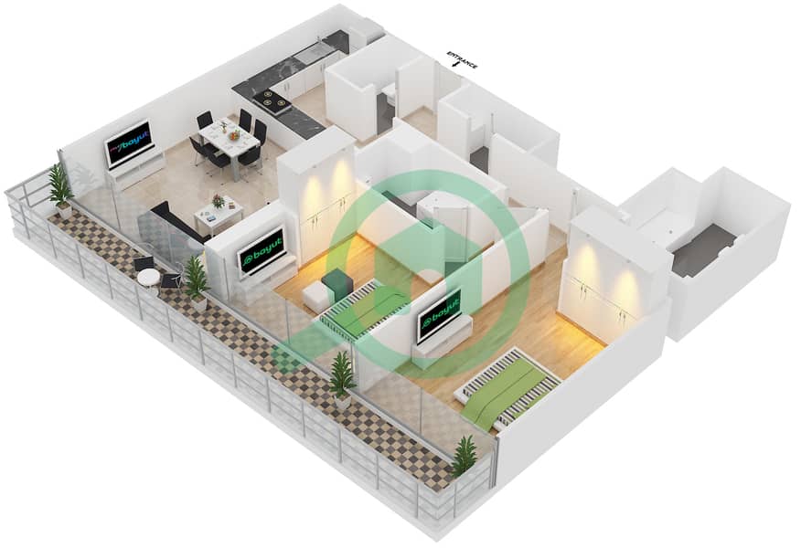 المخططات الطابقية لتصميم النموذج 504 شقة 2 غرفة نوم - مساكن النسيم C Floor 5 interactive3D
